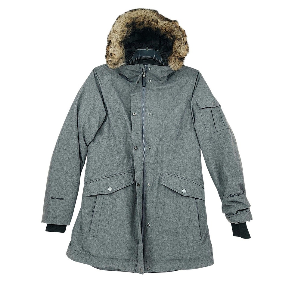 Eddie Bauer M WeatherEdge Down Parka Womens Gray Faux Fur Sun Valley Winter Coat
